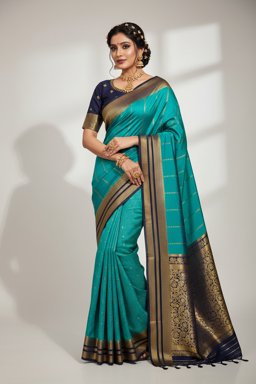 Model Draping Dual-Tone Mysore Silk Saree