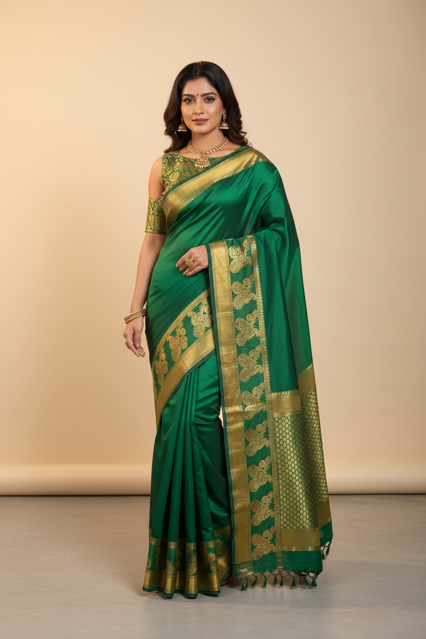 Model Draping Emerald Green Pure Mysore Silk Saree
