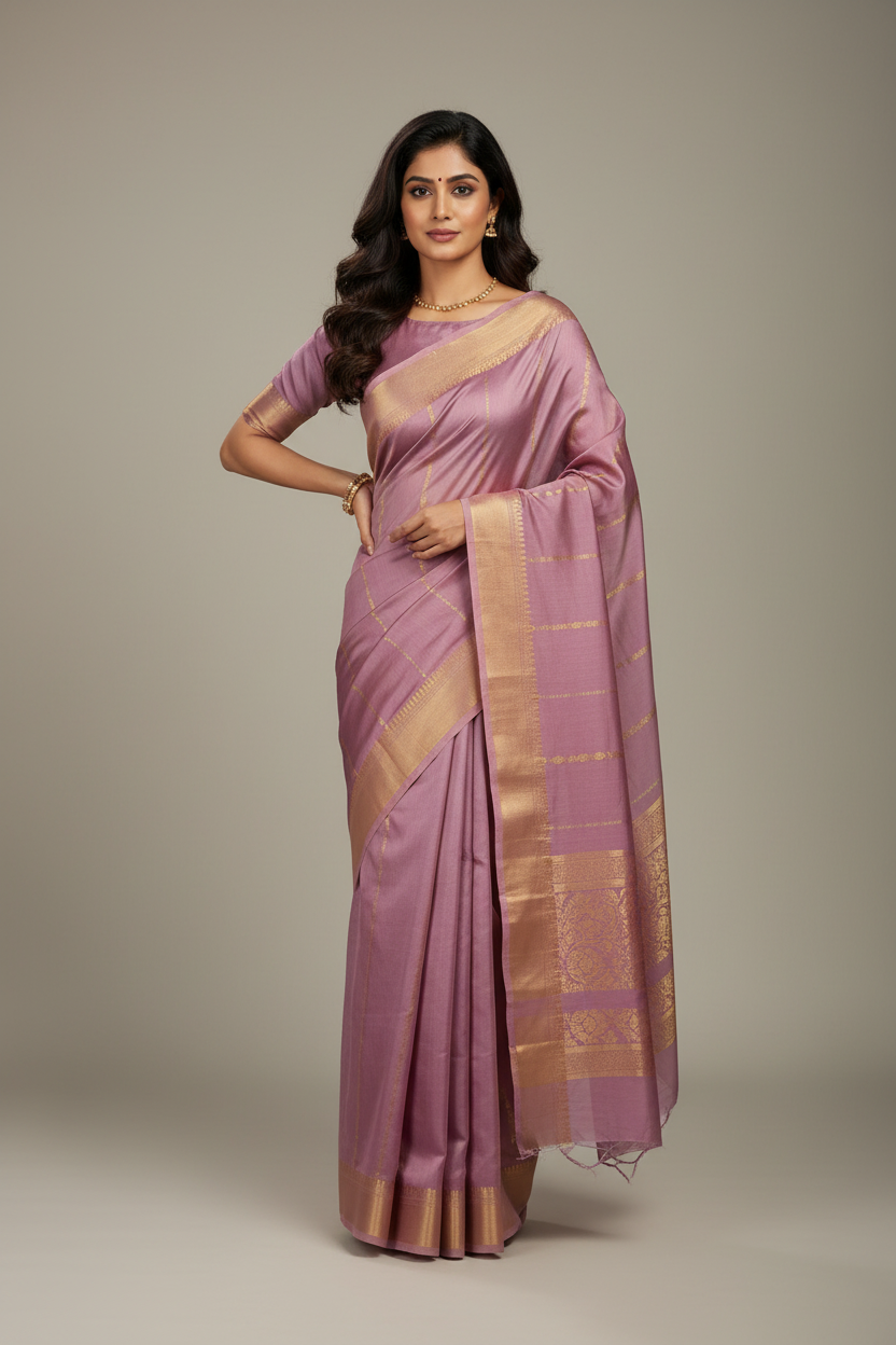 Model Draping Lavender Mysore Silk Crepe Saree