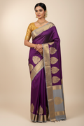 Model Draping Violet & Silver Pure Mysore Silk Saree