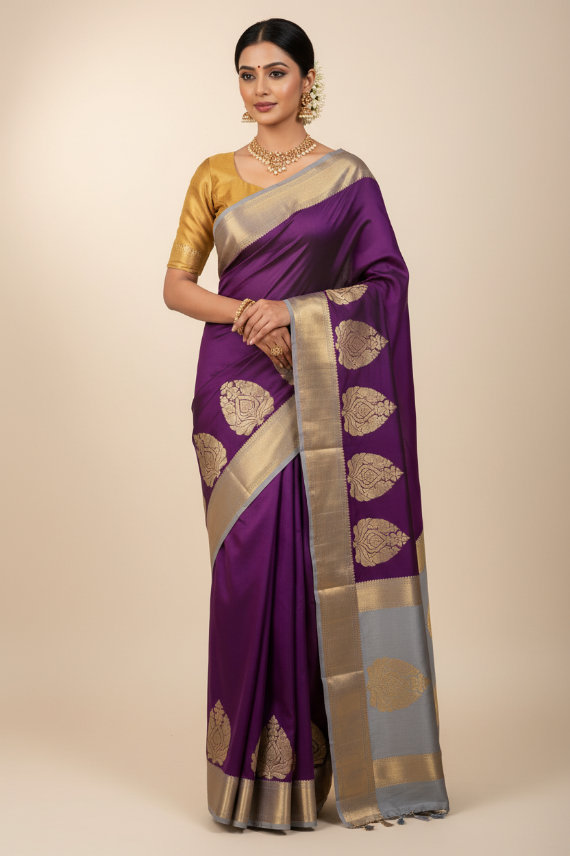 Model Draping Violet & Silver Pure Mysore Silk Saree