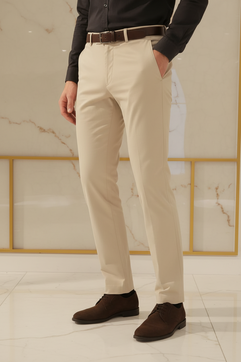 Model in aesthetic pose wearing beige chino trousers, lower body
