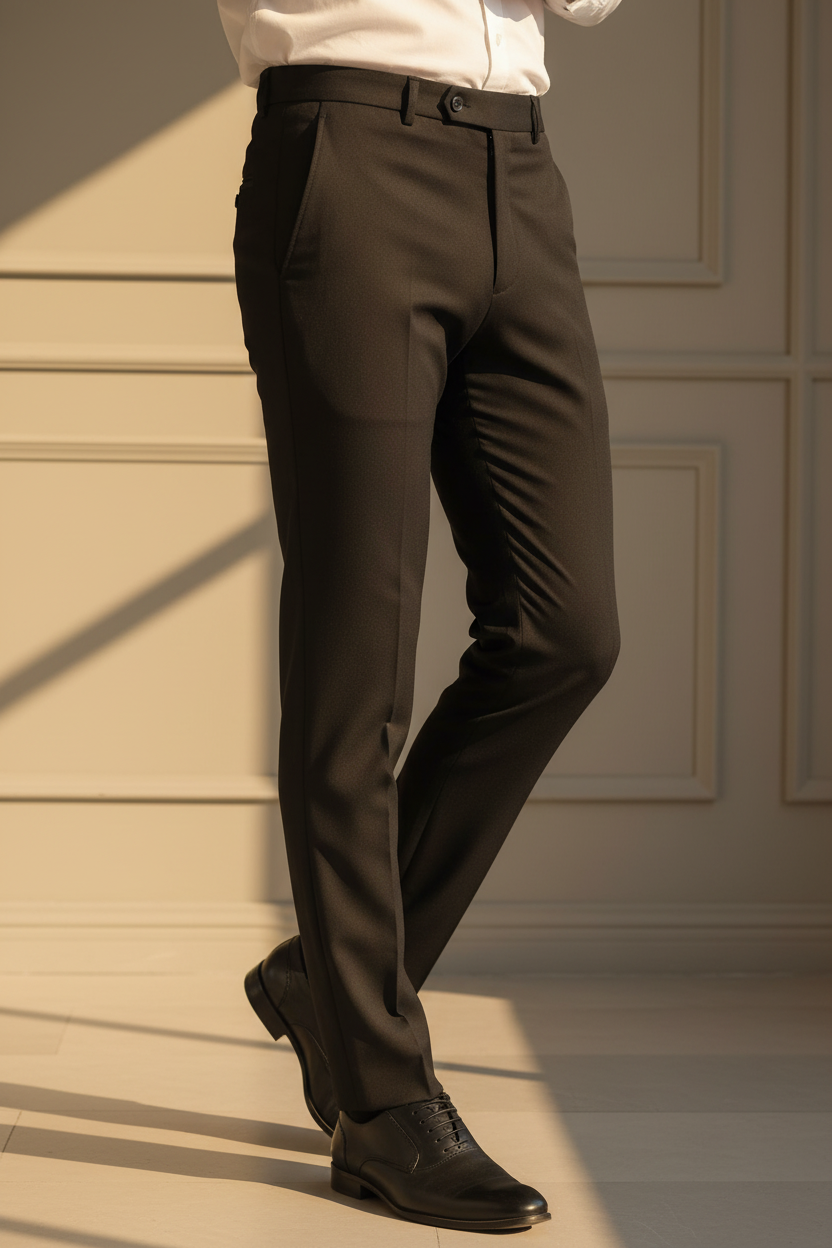 Model in aesthetic pose wearing black formal trousers, lower body
