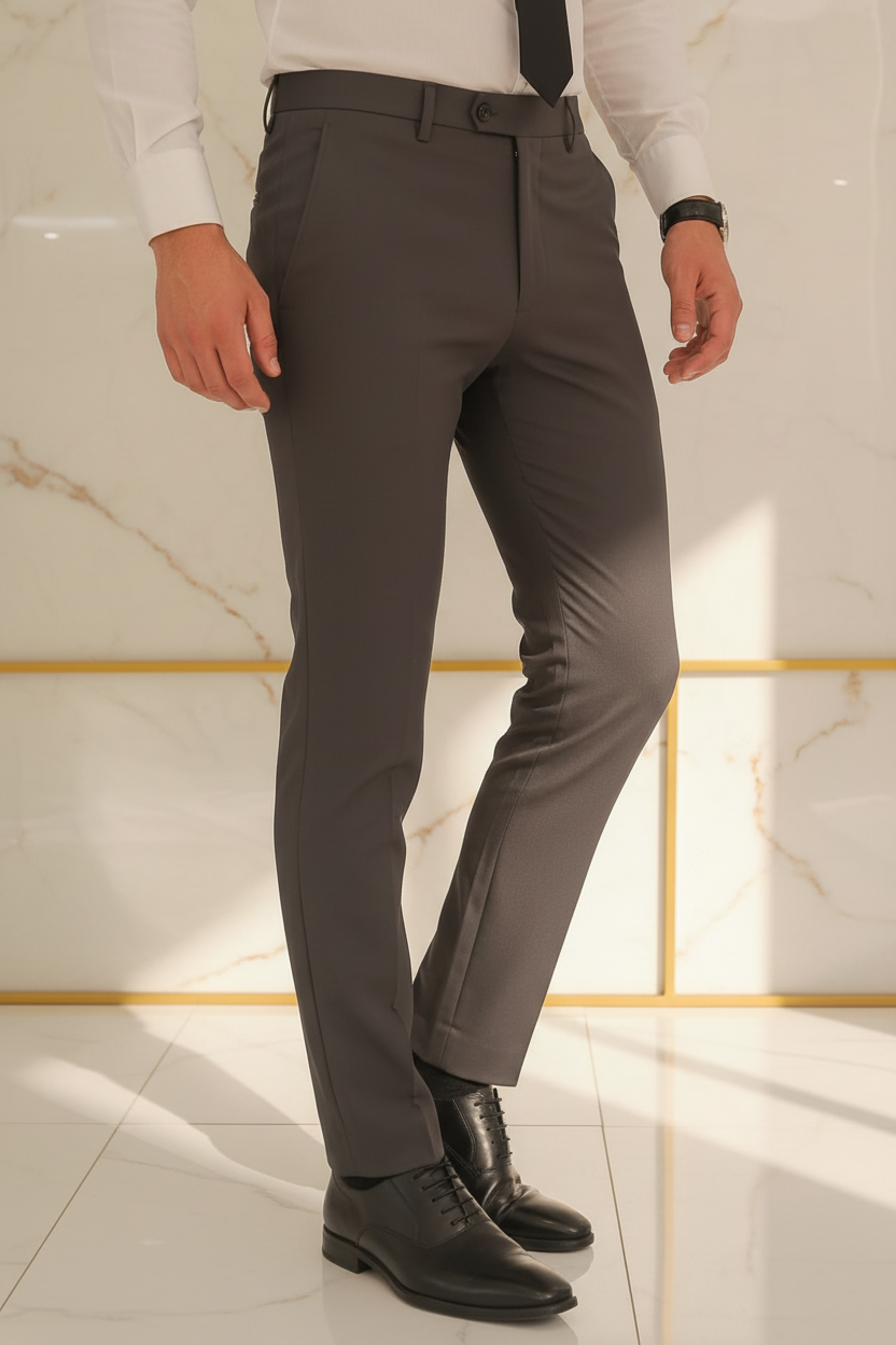 Model in aesthetic pose wearing dark charcoal formal trousers, lower body