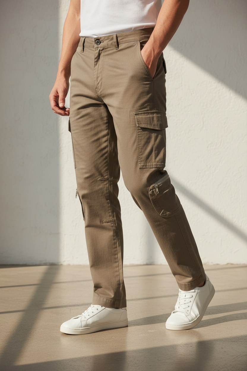Model in aesthetic pose wearing khaki cargo pants, lower body