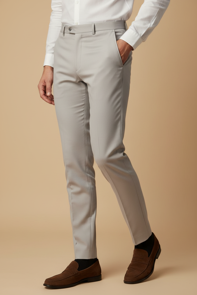 Model in aesthetic pose wearing light grey formal trousers, lower body