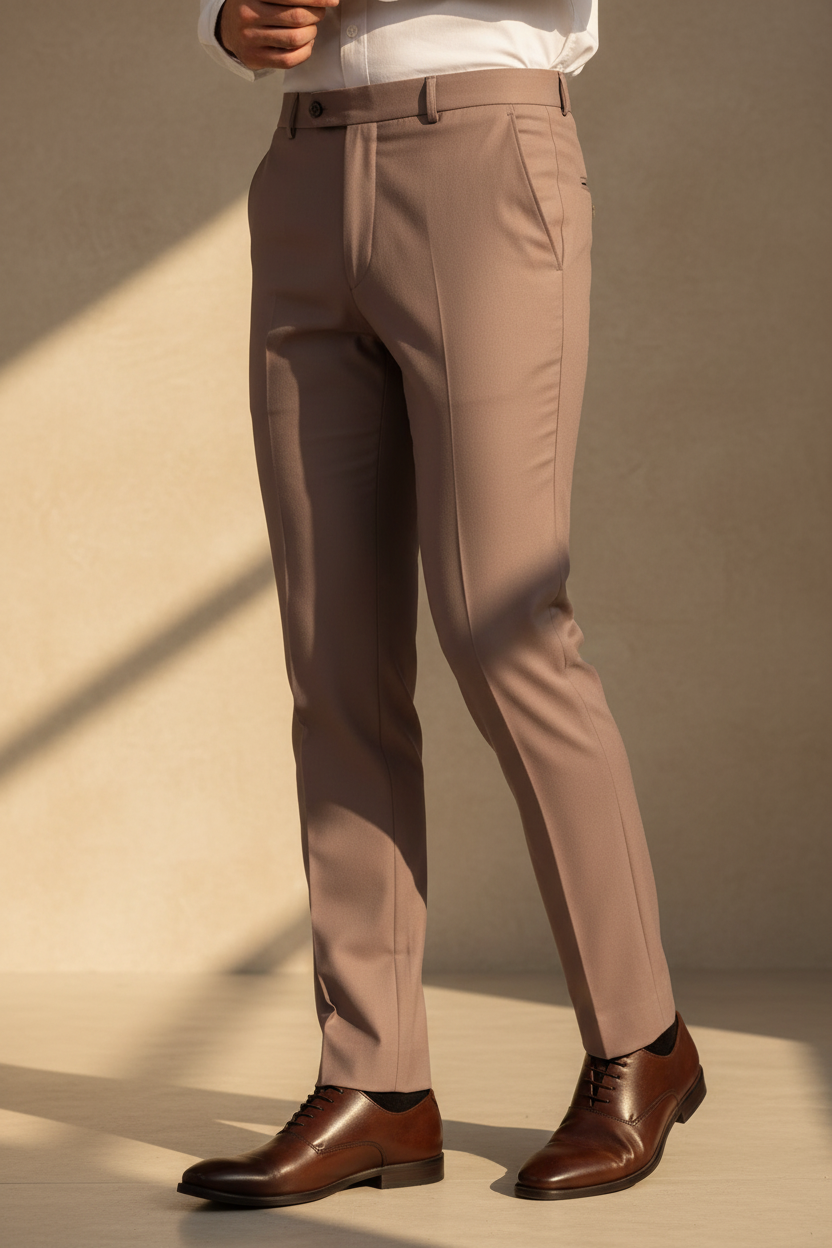 Model in aesthetic pose wearing mauve taupe formal trousers, lower body