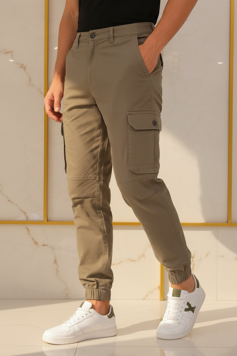 Model in aesthetic pose wearing olive cargo jogger pants, lower body