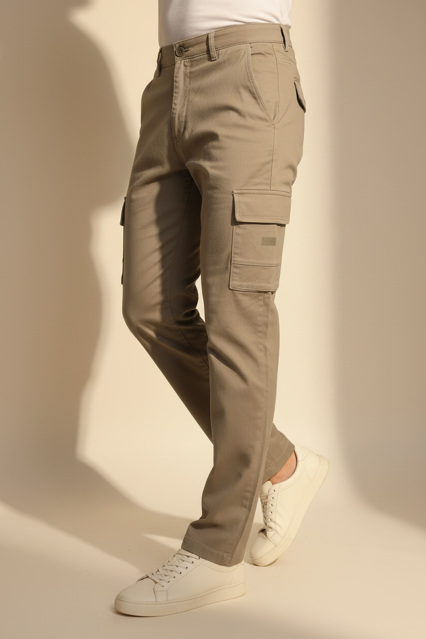 Model in aesthetic pose wearing taupe cargo pants, lower body