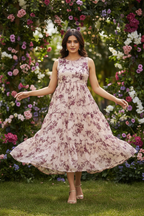 Model in Blush Pink Floral Embroidered Tiered Dress