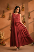 Model in Brick Red Tiered Cotton Maxi Dress