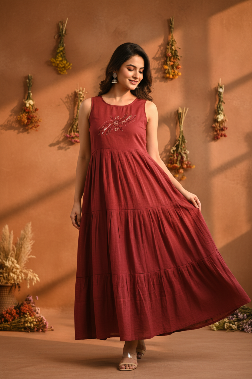 Model in Brick Red Tiered Cotton Maxi Dress