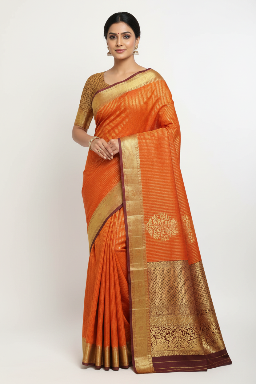 Model in Bright Orange Kanjivaram Saree with Maroon Border