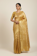 Model in Champagne Gold Tissue Silk Banarasi Saree