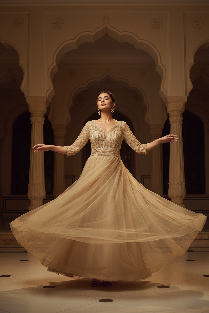 Model in Champagne Gold Tulle Gown - Palace Backdrop