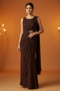 Model in Chocolate Brown Draped Saree-Style Gown