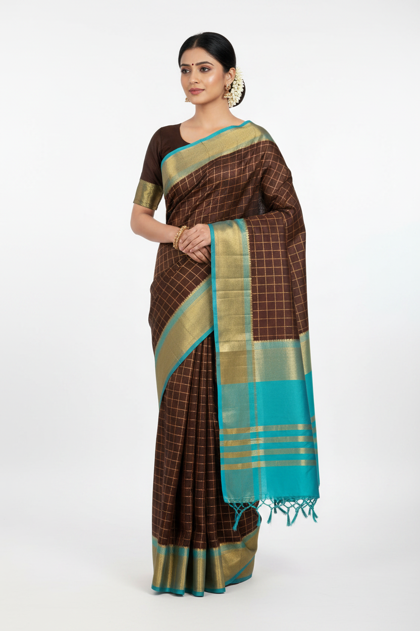 Model in Chocolate Brown Mysore Silk Saree with Turquoise Stripe Border