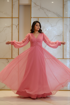 Model in Coral Pink Chiffon Gown