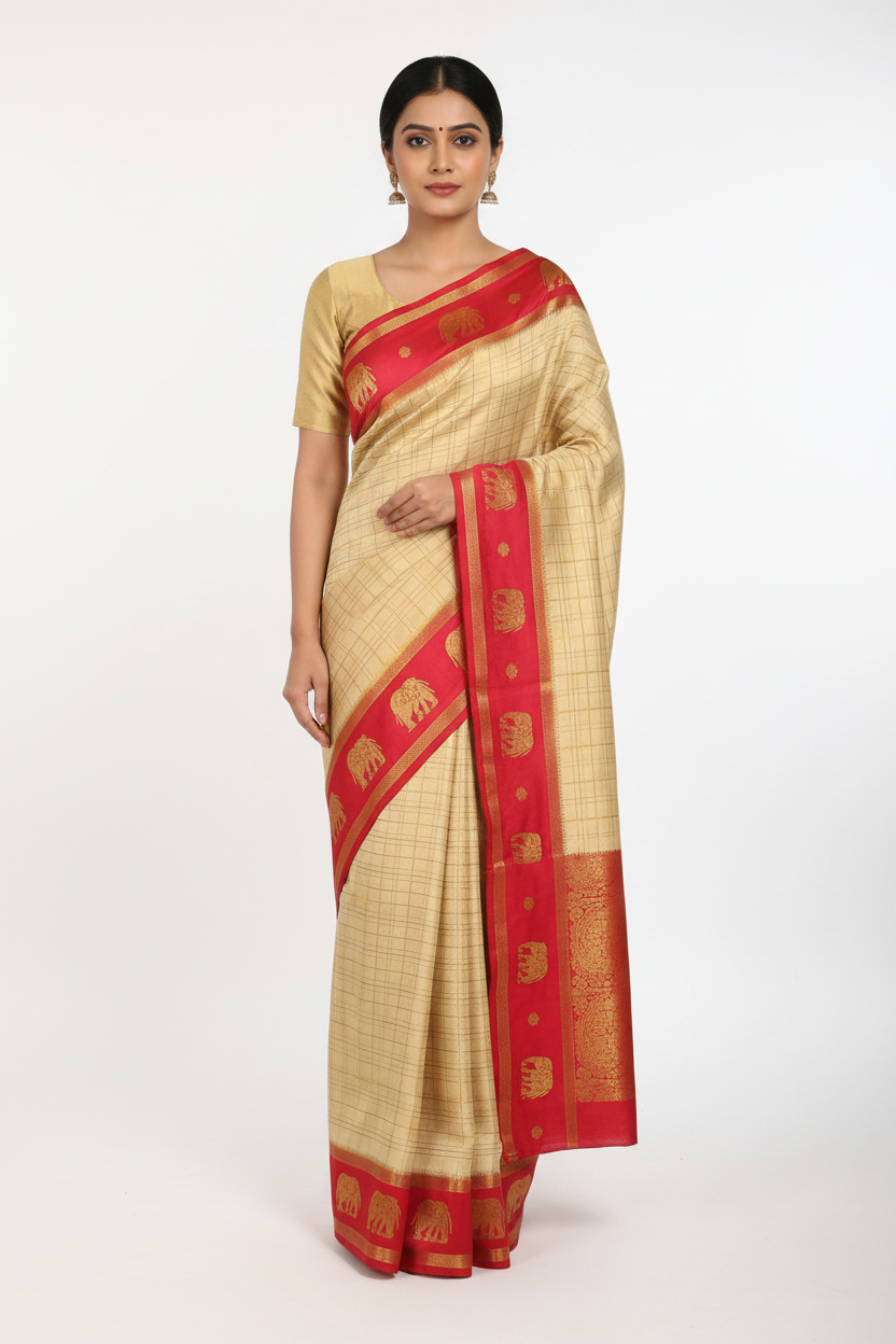 Model in Cream Gold Mysore Silk Saree with Red Elephant Border and Matching Blouse