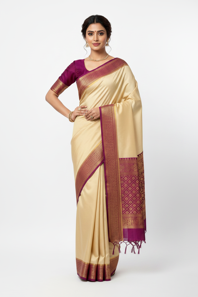 Model in Cream Mysore Silk Saree with Magenta Border