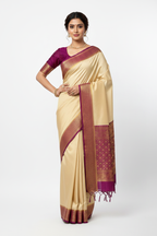 Model in Cream Mysore Silk Saree with Magenta Border