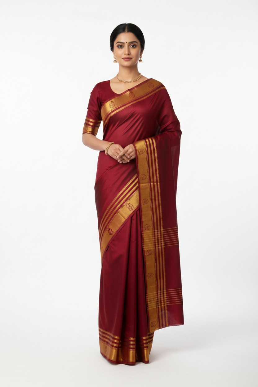 Model in Crimson Maroon Mysore Silk Saree with Gold Stripe Border