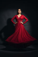 Model in Crimson Red Wrap Maxi Gown