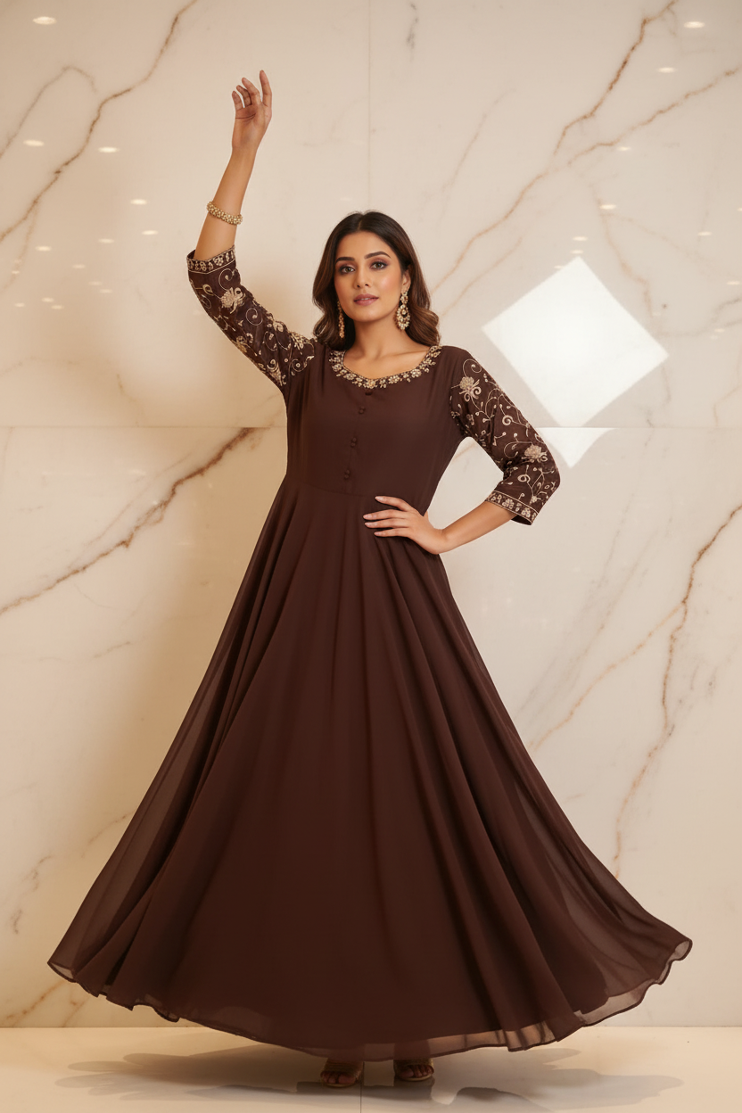 Model in Dark Brown Chiffon Anarkali