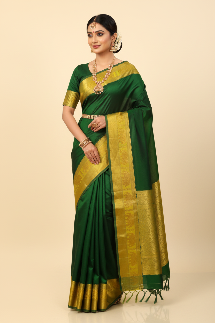 Model in Dark Green Kanjivaram Saree