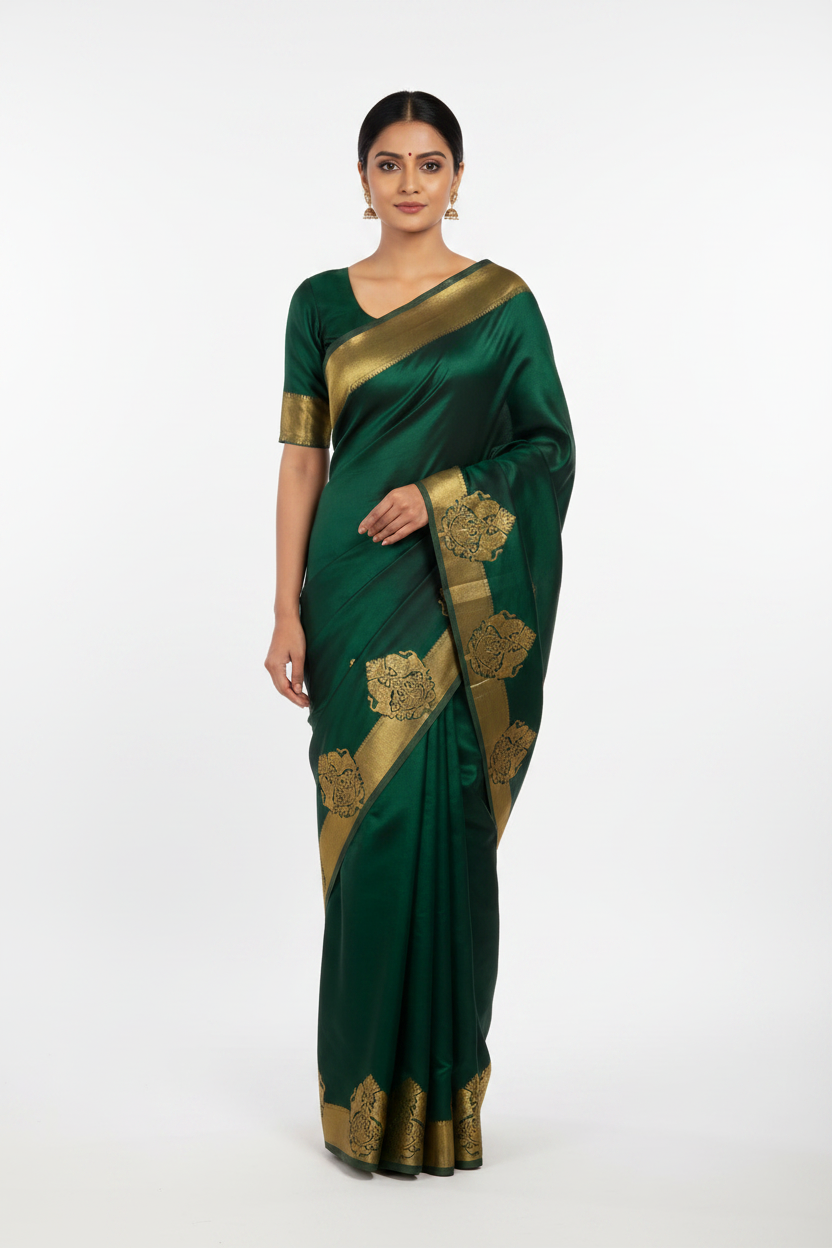 Model in Dark Green Mysore Silk Saree with Gold Medallion Motifs