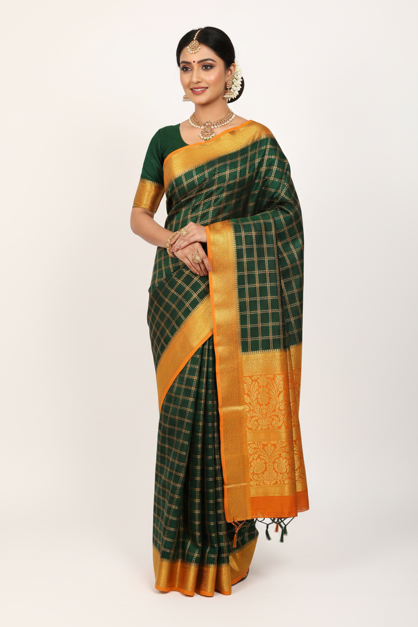 Model in Dark Green Mysore Silk Saree with Orange Border
