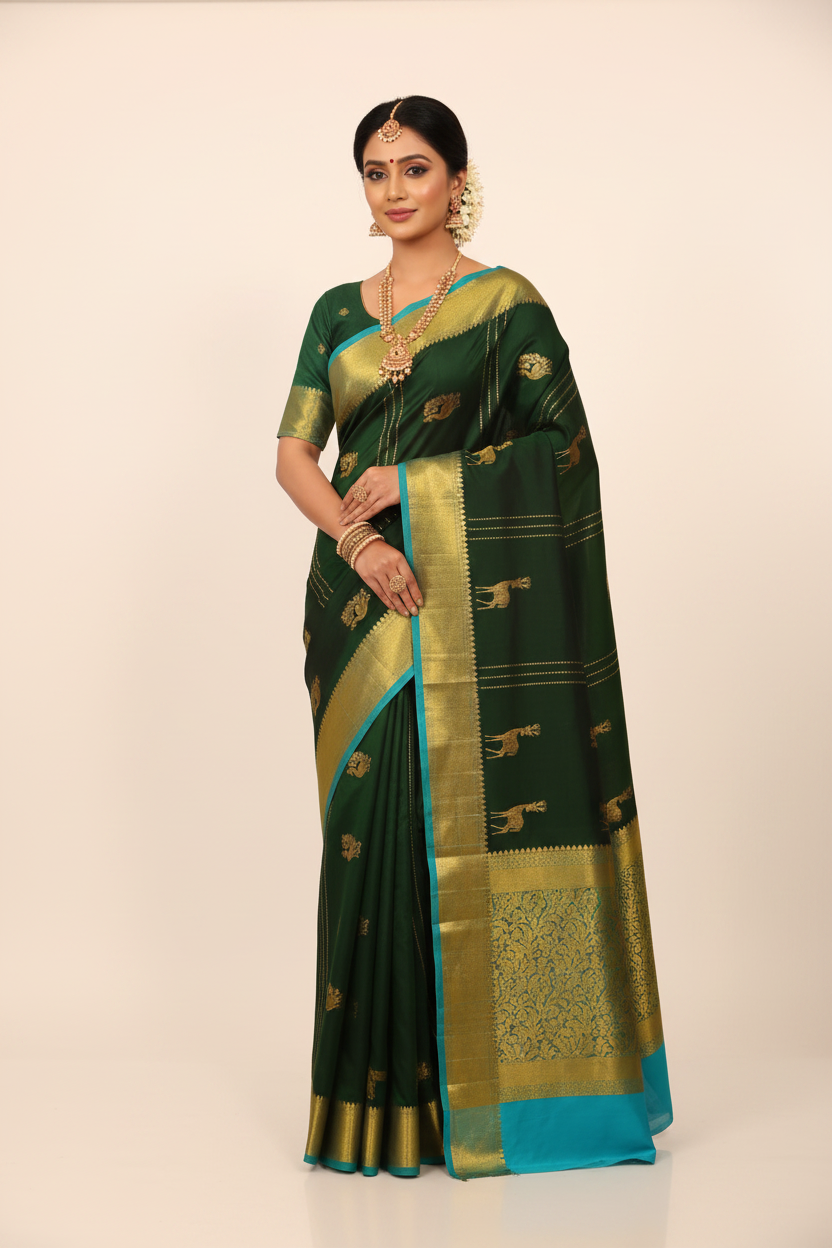 Model in Dark Green Mysore Silk Saree