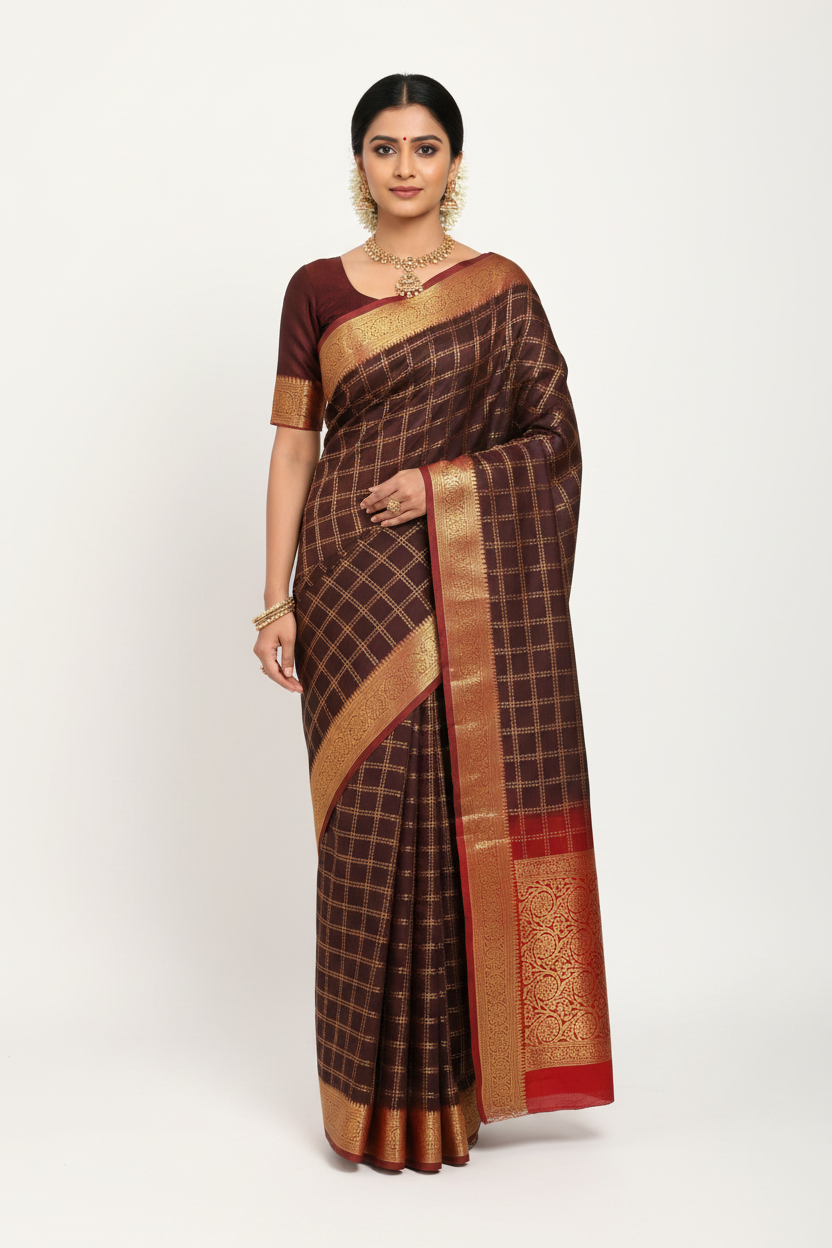 Model in Dark Maroon Mysore Silk Saree with Red Border and Matching Blouse