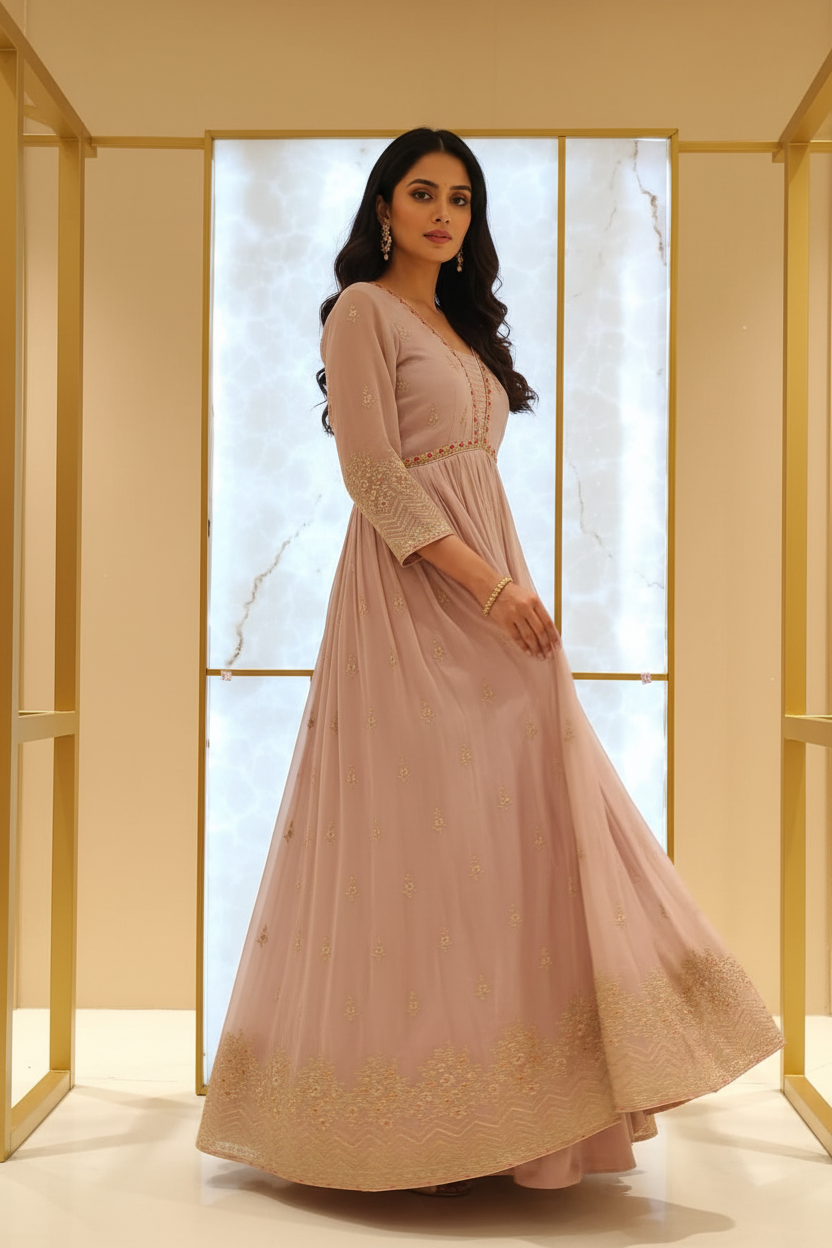 Model in Dusty Rose Anarkali with Gold Border