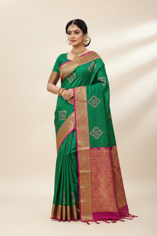 Model in Emerald Green Kanjivaram Saree with Magenta Border