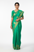 Model in Emerald Green Mysore Silk Saree with Gold Medallion Motifs and Matching Blouse