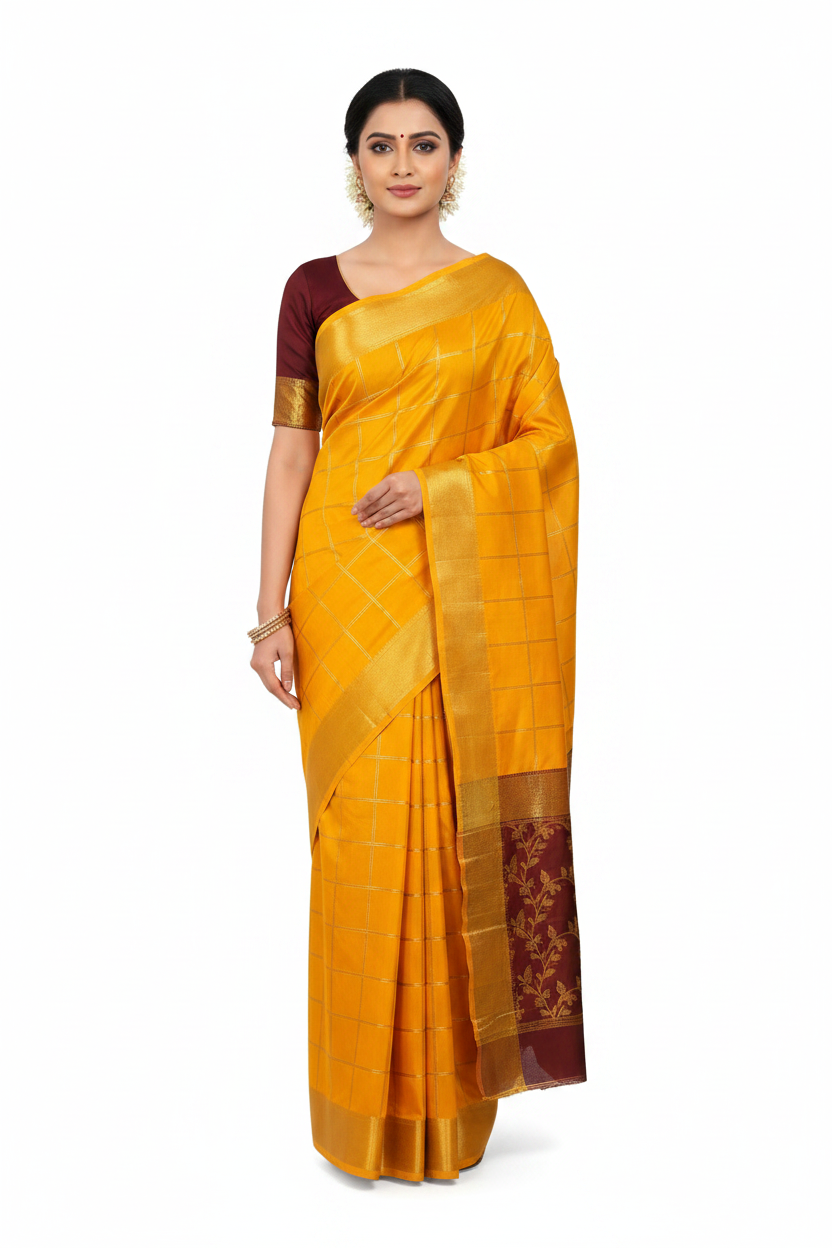 Model in Golden Yellow Mysore Silk Saree with Maroon Border