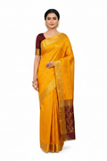 Model in Golden Yellow Mysore Silk Saree with Maroon Border