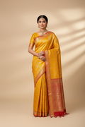 Model in Golden Yellow Paisley Jaal Banarasi Saree