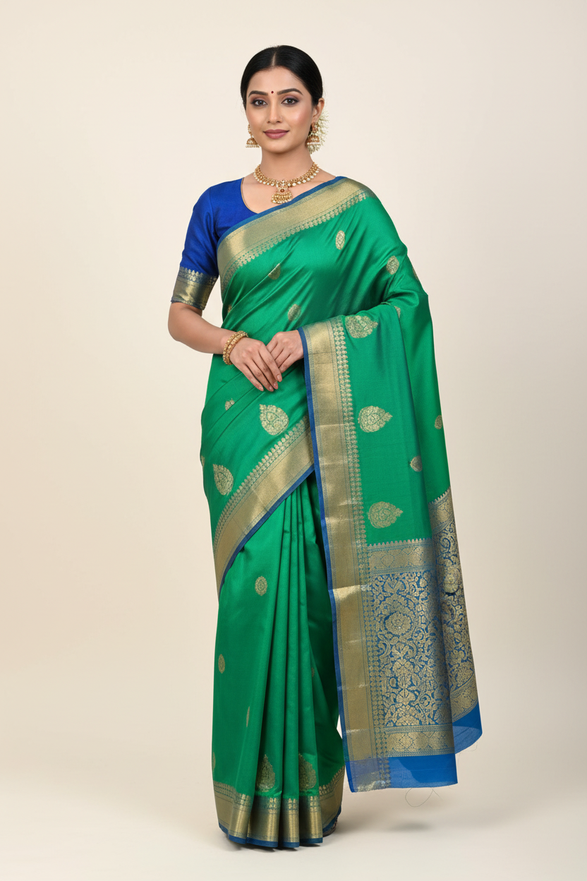 Model in Green and Blue Silk Saree