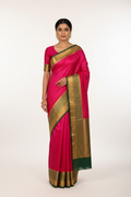 Model in Hot Pink Mysore Silk Saree with Green Diamond Border and Matching Blouse