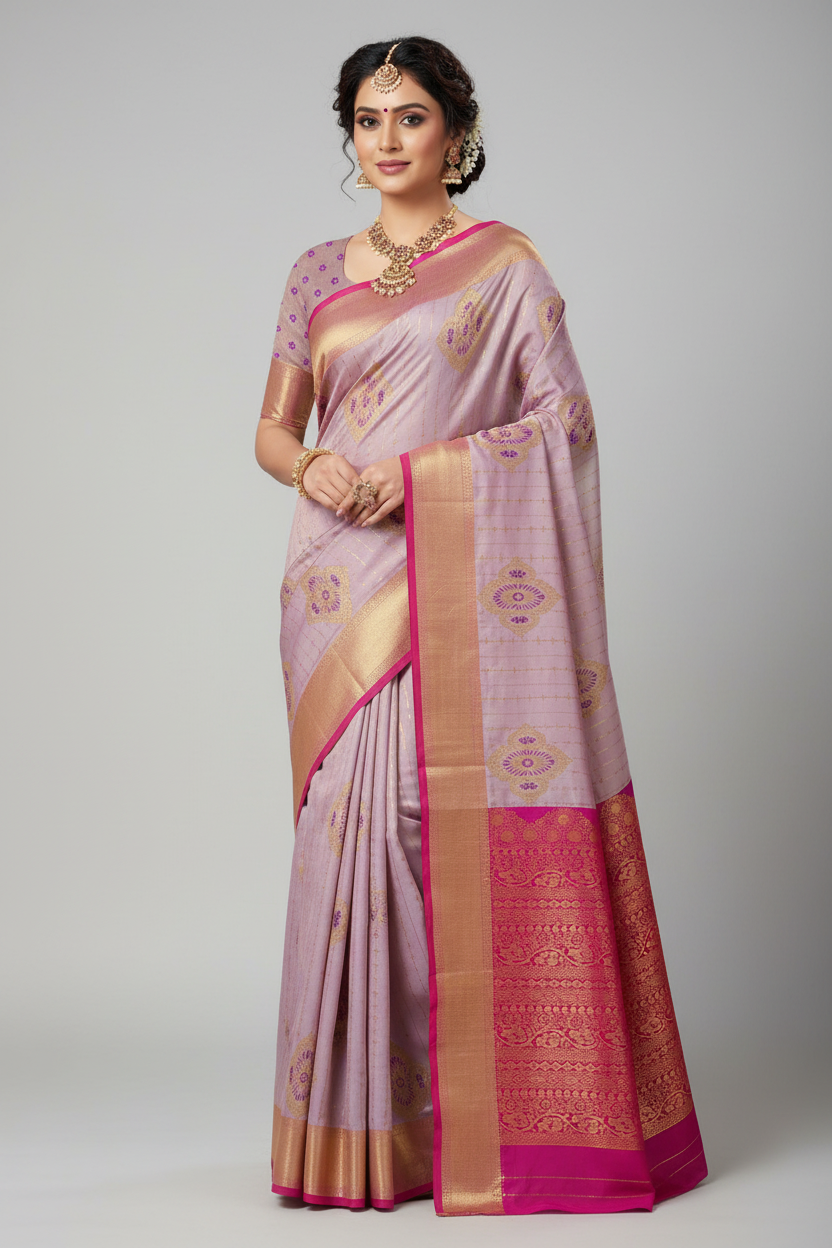 Model in Lilac Pink Saree with Magenta Border