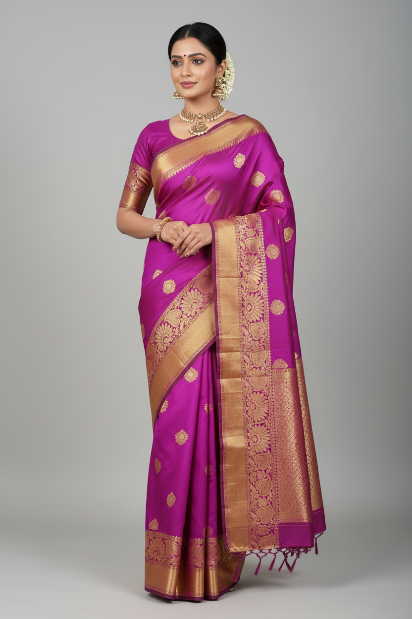 Model in Magenta Kanjivaram Saree with Gold Lotus Border