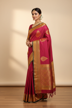 Model in Magenta Rani Pink Banarasi Saree