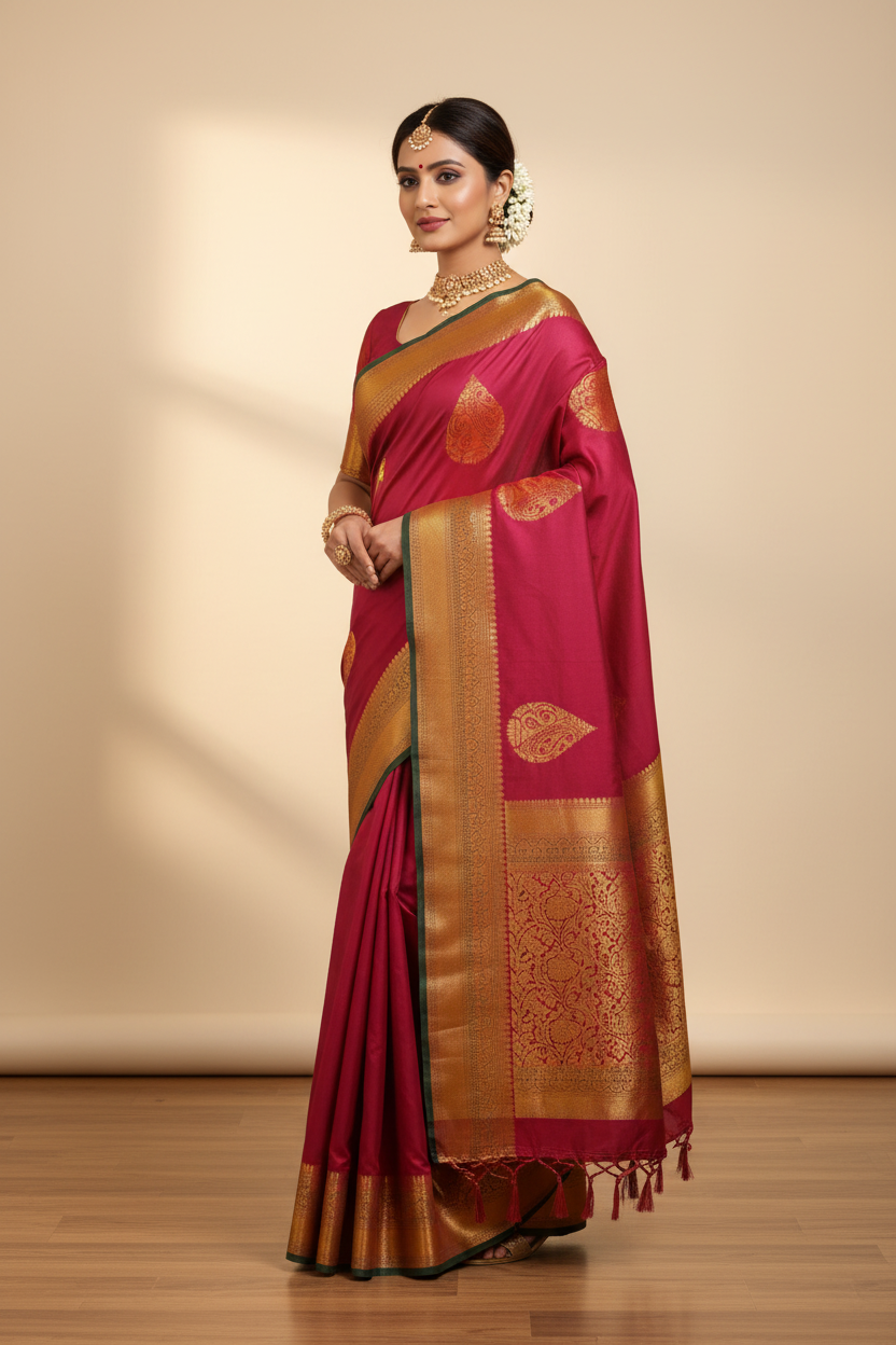Model in Magenta Rani Pink Banarasi Saree