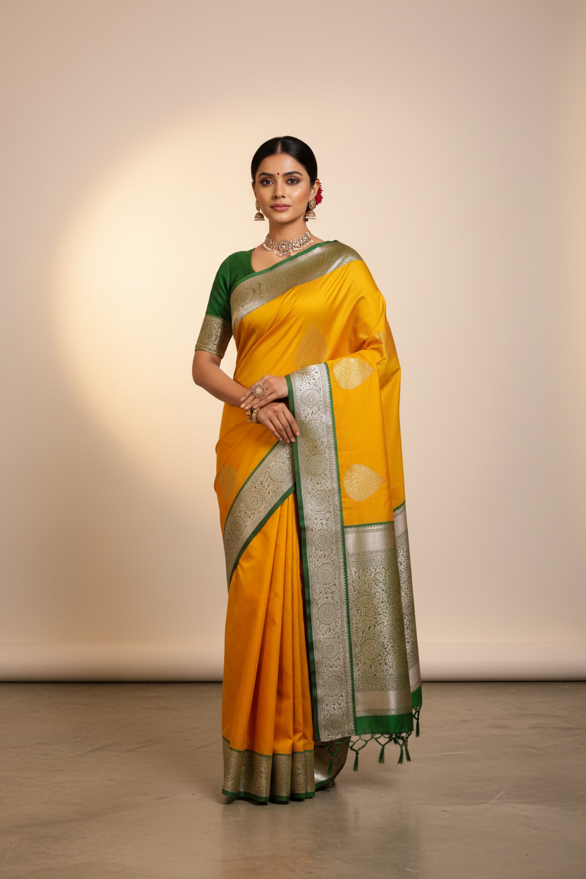 Model in Mango Yellow Banarasi Saree