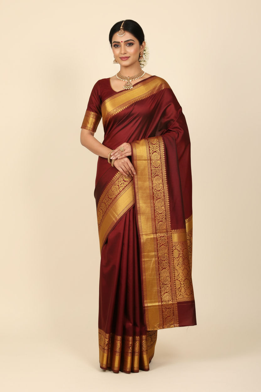 Model in Maroon Kanjivaram Saree