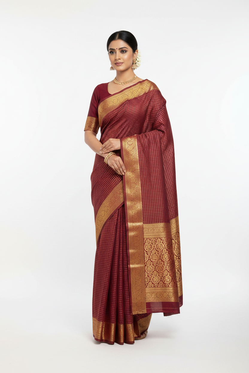 Model in Maroon Mysore Silk Saree