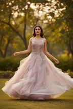 Model in Mauve Tulle Gown - Garden Background