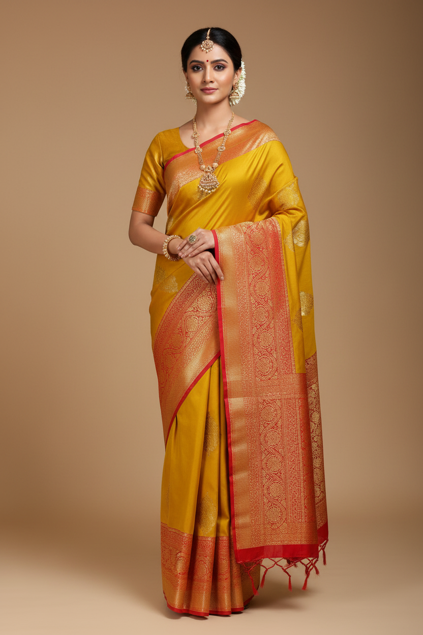 Model in Mustard Yellow and Red Banarasi Saree